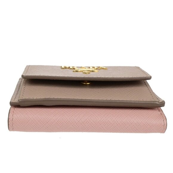 PRADA Logo Trifold Compact Wallet Saffiano Metal Leather Pink Beige 88FB246 - Picture 6 of 13
